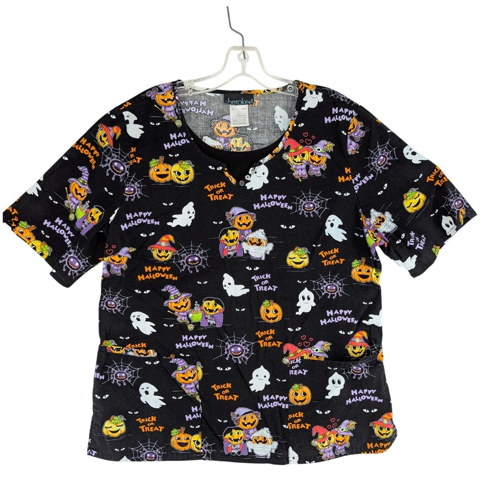 Cherokee Halloween Scrub Top Large Black Ghost Pumpkin Print V-Neck Spooky
